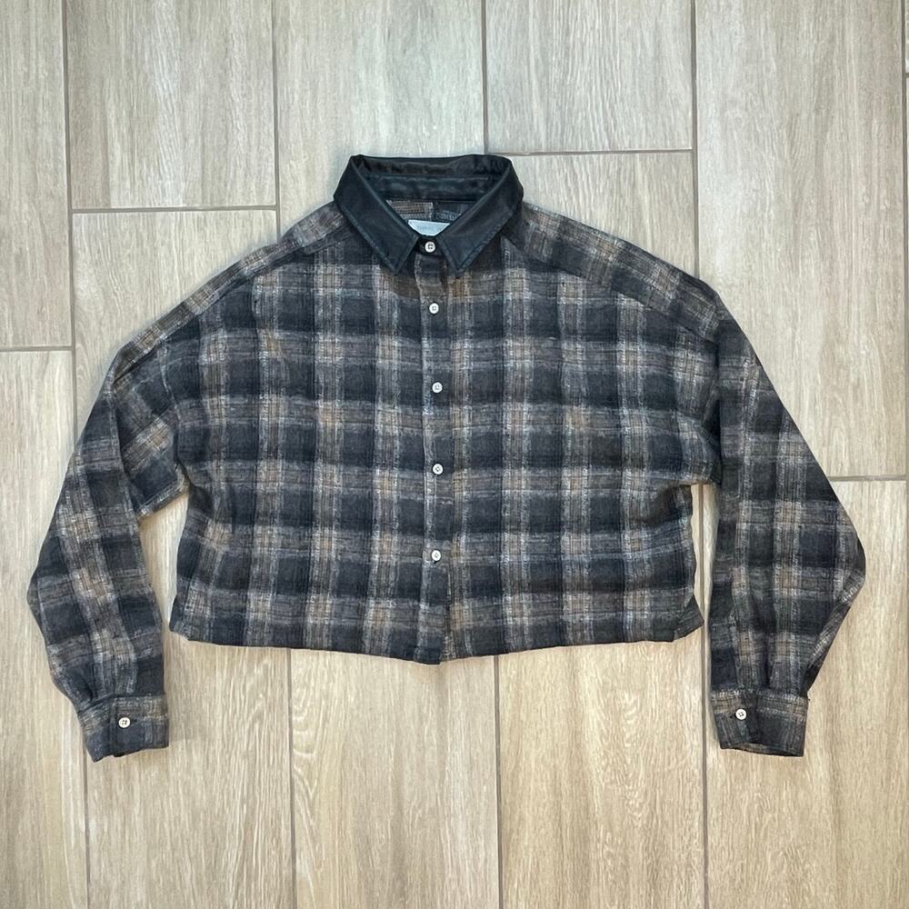 Gilded Intent Plaid Shacket Womens M Cropped Faux Leather Collar Grunge Jacket
